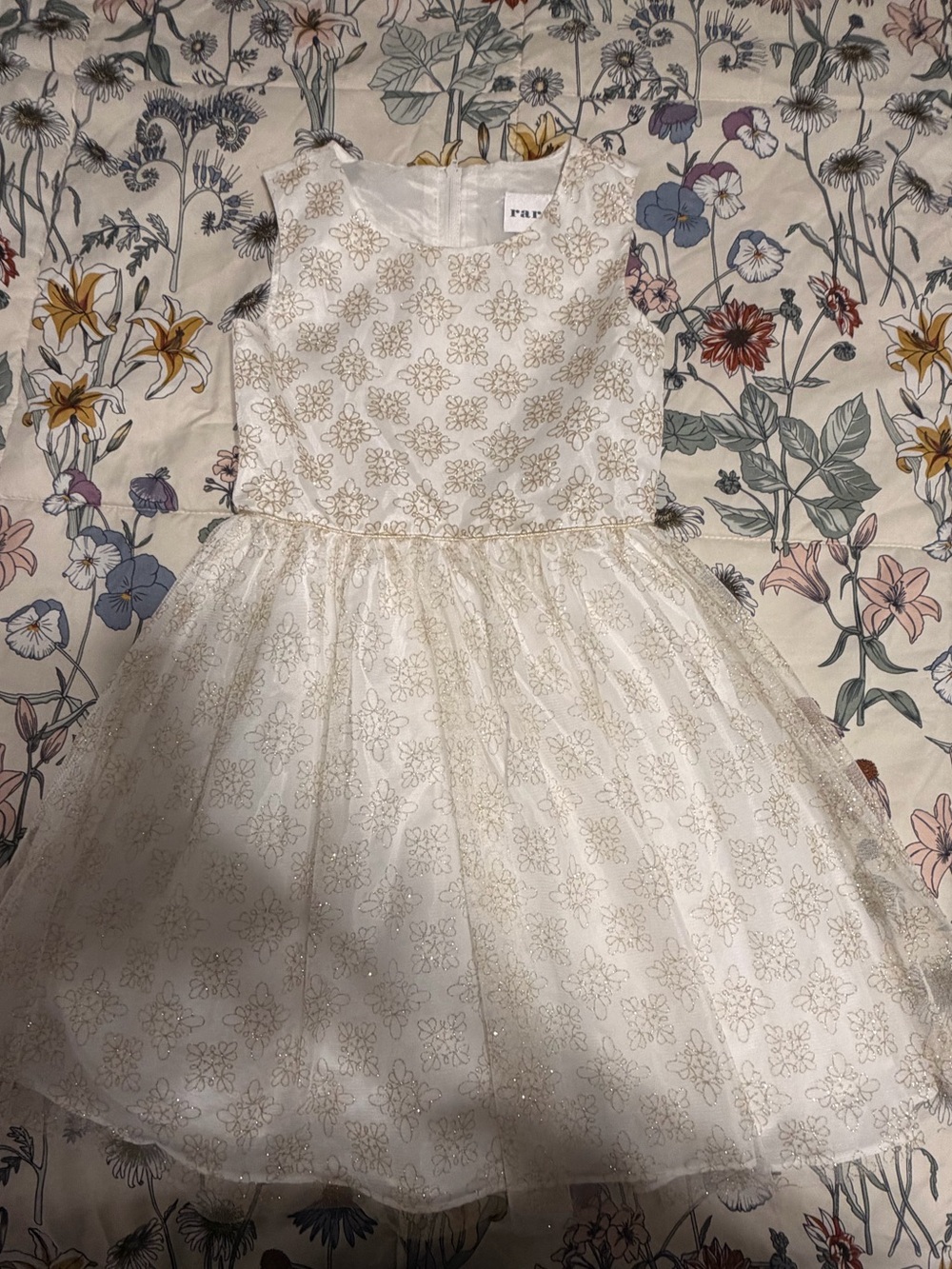 Rare Editions White and Gold Floral Tulle Dress for Kids